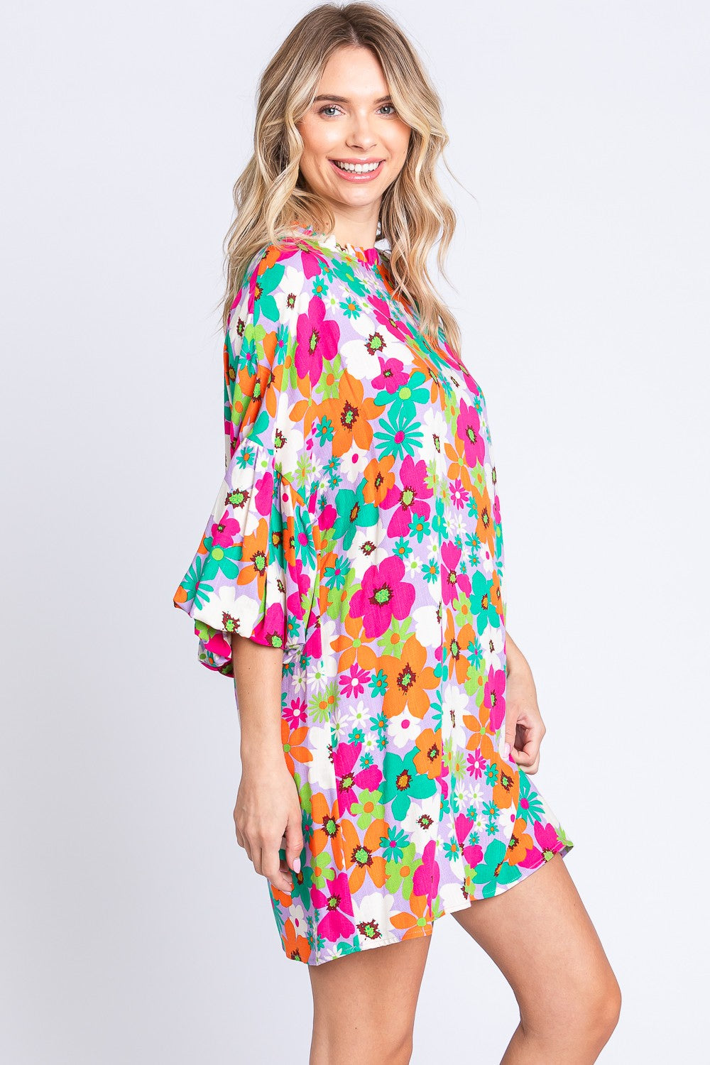 GeeGee Women's Floral Lantern Sleeve Mini Dress - Romantic Round Neck