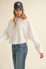 Mable Women's Cropped Sweater with Round Neck and Dolman Sleeves