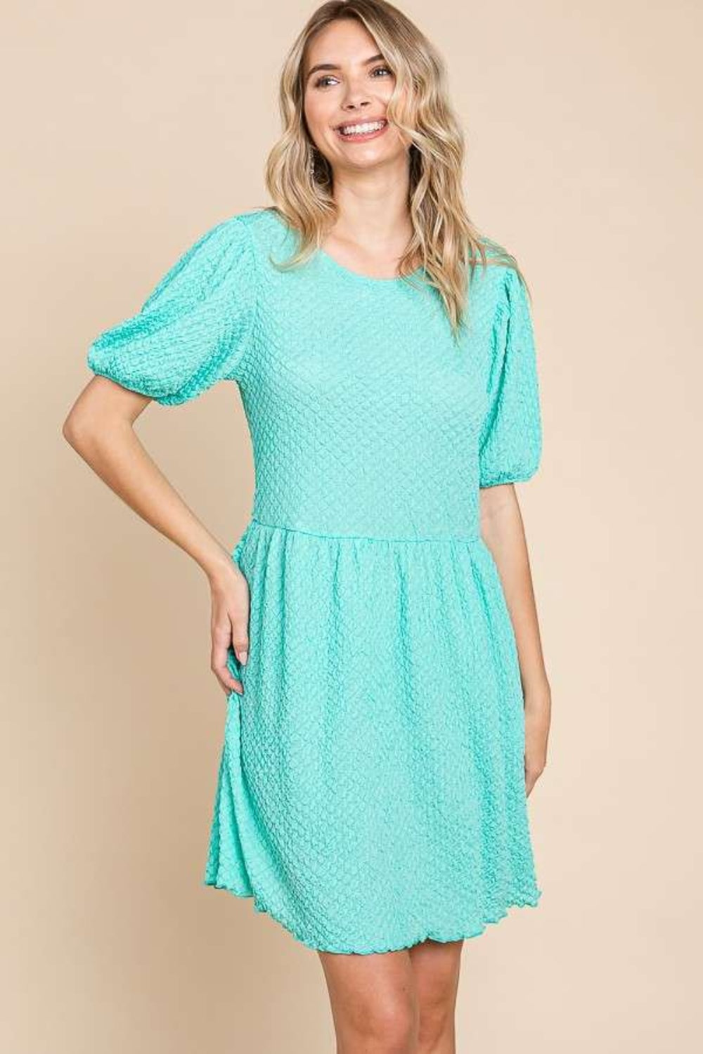 Culture Code Textured Round Neck Puff Sleeve Dress with Pockets