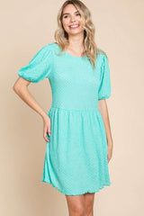 Culture Code Textured Round Neck Puff Sleeve Dress with Pockets
