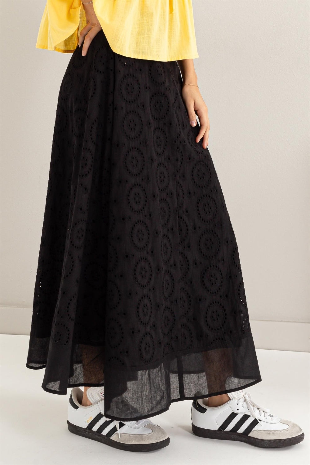HYFVE Eyelet High-Waist Cotton Midi Skirt - Flared and Dreamy