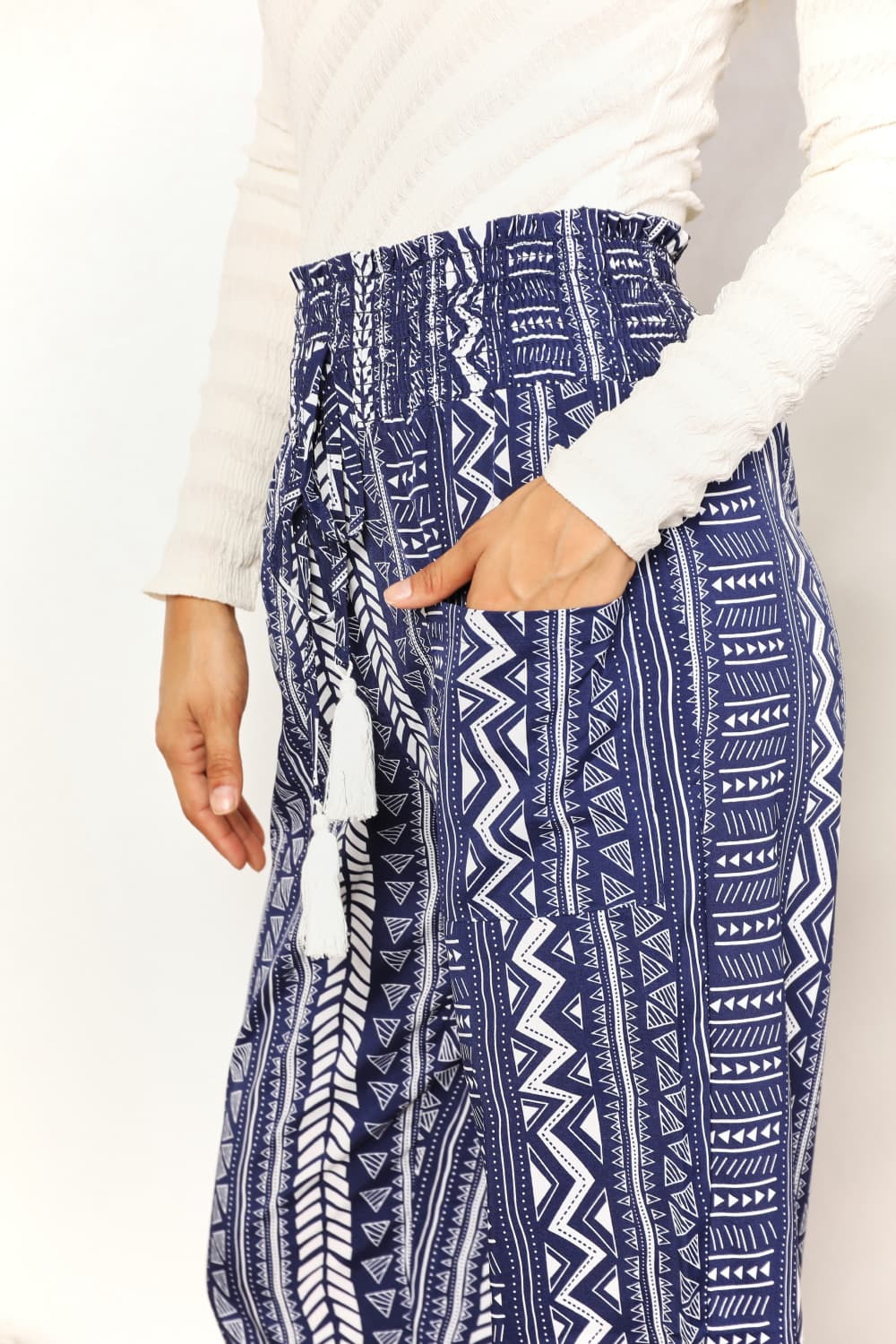 Geometric Print Tassel High-Rise Pants with Pockets - Urban Style