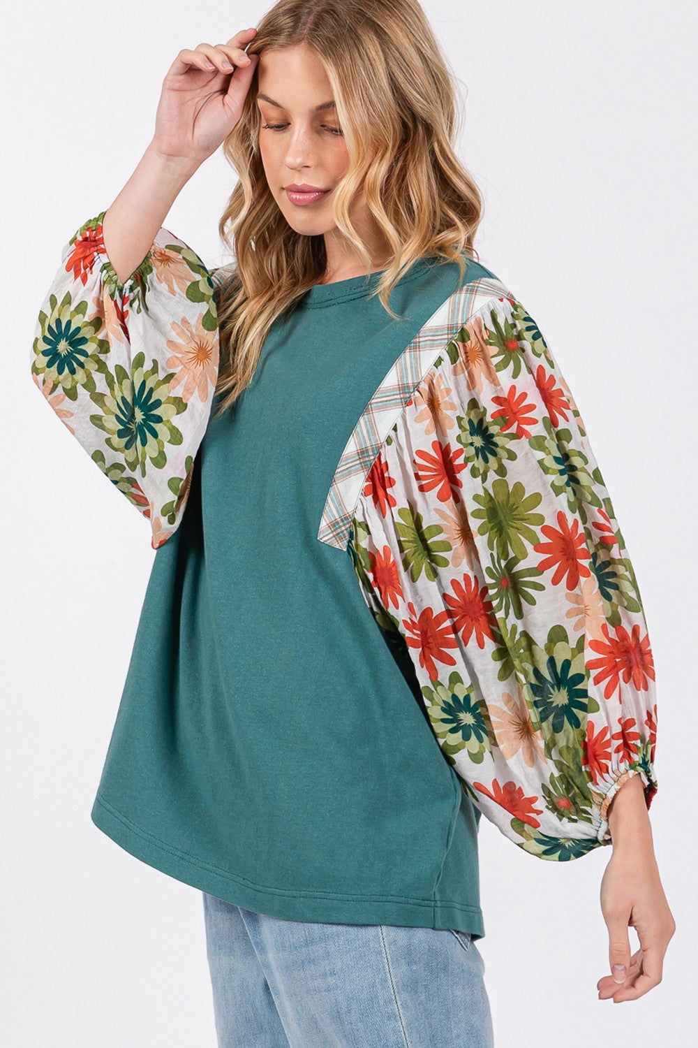 SAGE + FIG Women's Full Size Balloon Sleeve Top with Unique Printed Design
