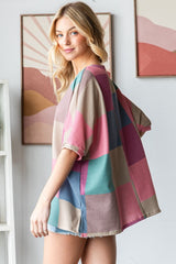 HOPELY Women's Full Size Checkered Round Neck T-Shirt with Side Slit