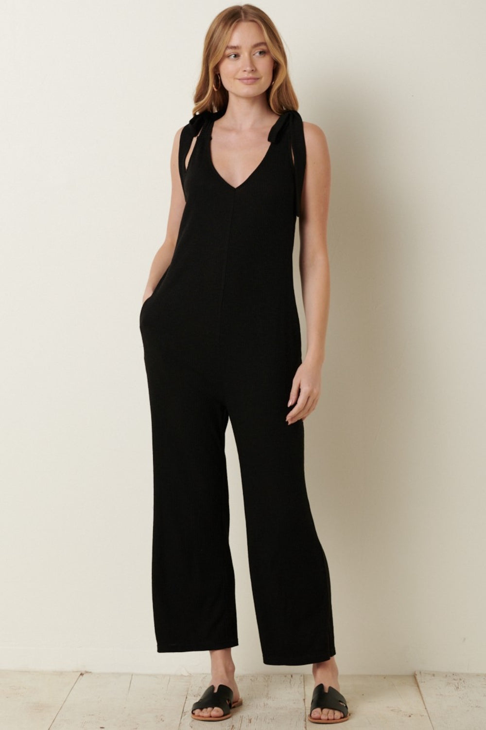 Mittoshop Women's Rib Knit V-Neck Jumpsuit with Cross Back - Trendy & Versatile
