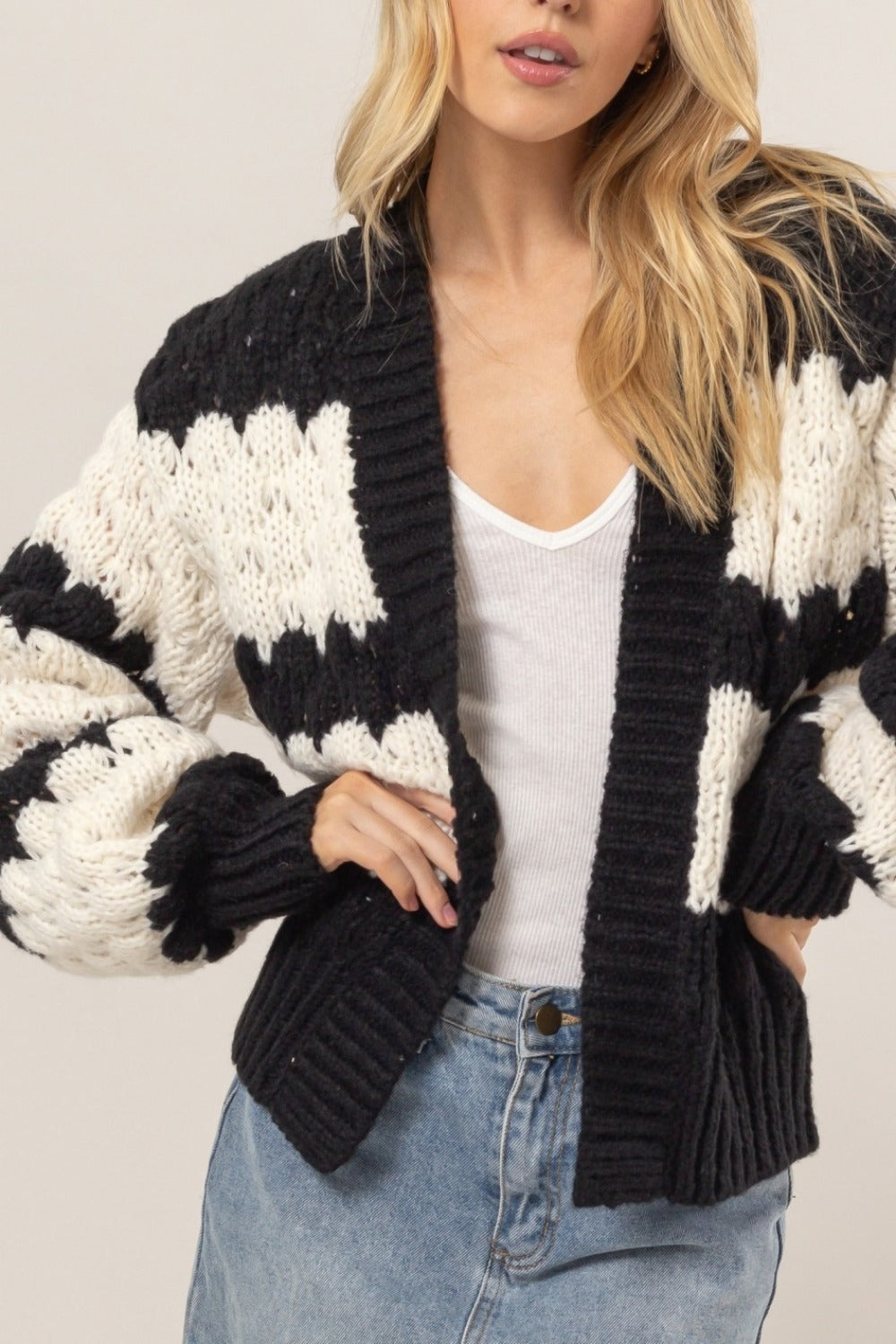 HYFVE Scallop Striped Open Front Long Sleeve Cardigan - Cozy & Chic Layering Essential