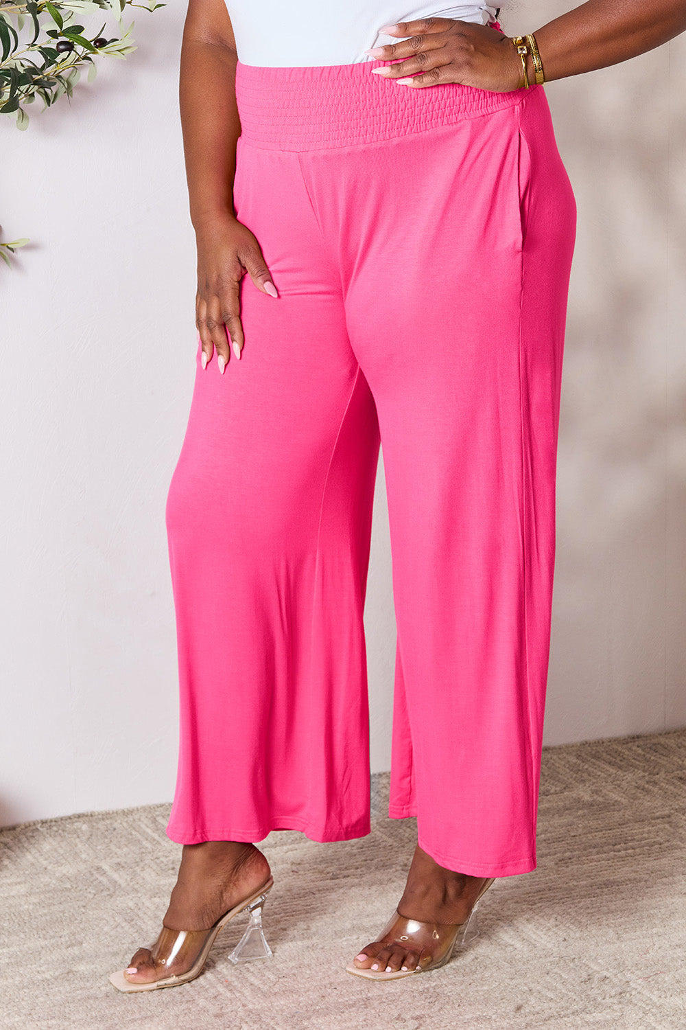 Women's Full Size Smocked High-Waist Wide Leg Pants - Trendy & Comfortable