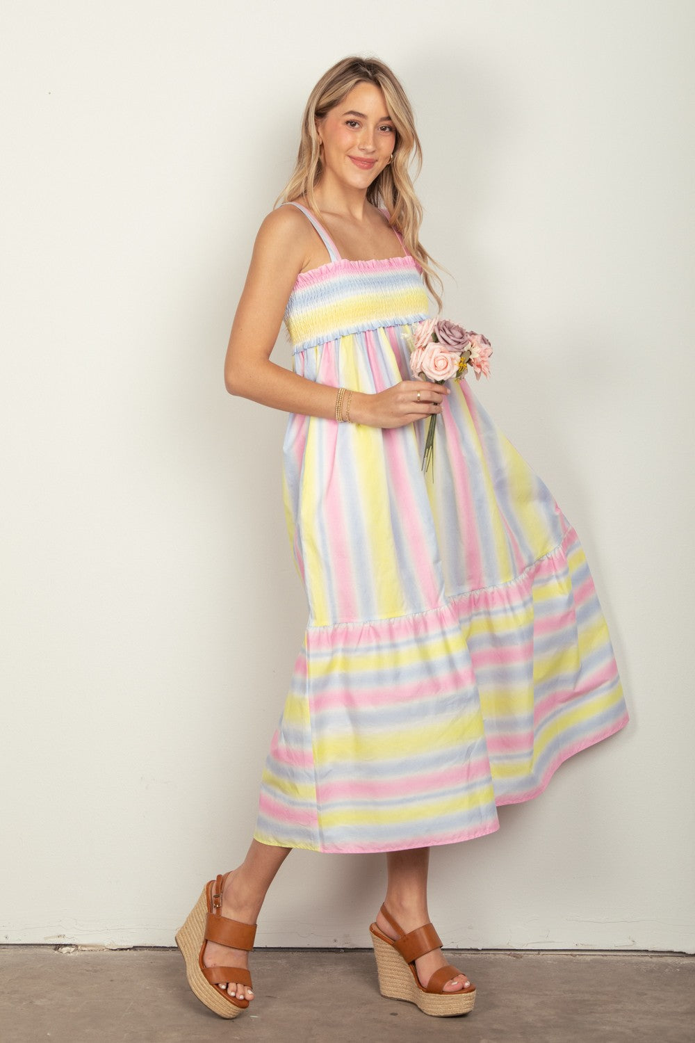 Stylish Striped Woven Smocked Midi Cami Dress by VERY J