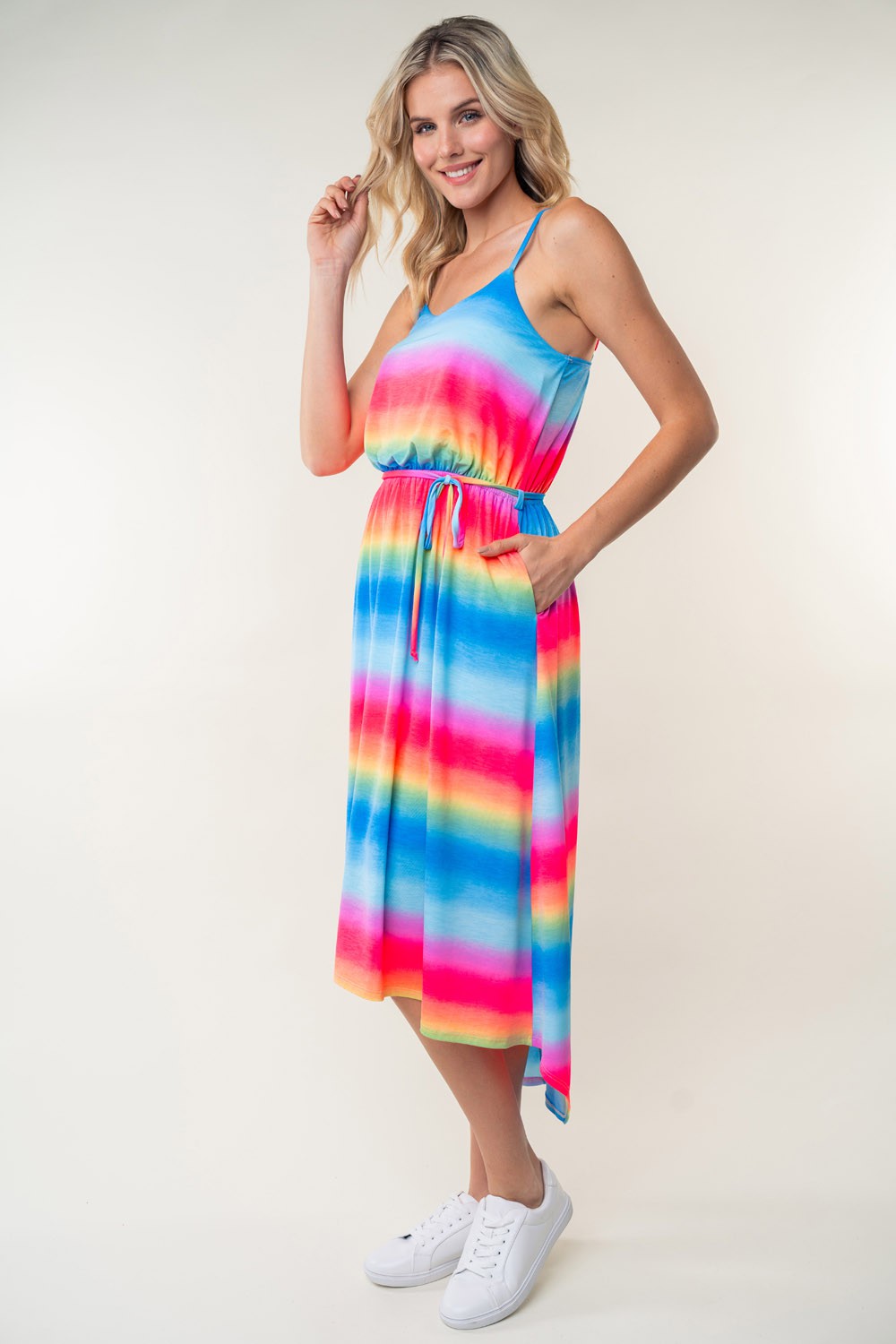 White Birch Ombre Striped Midi Cami Dress with High-Low Hem and Pockets