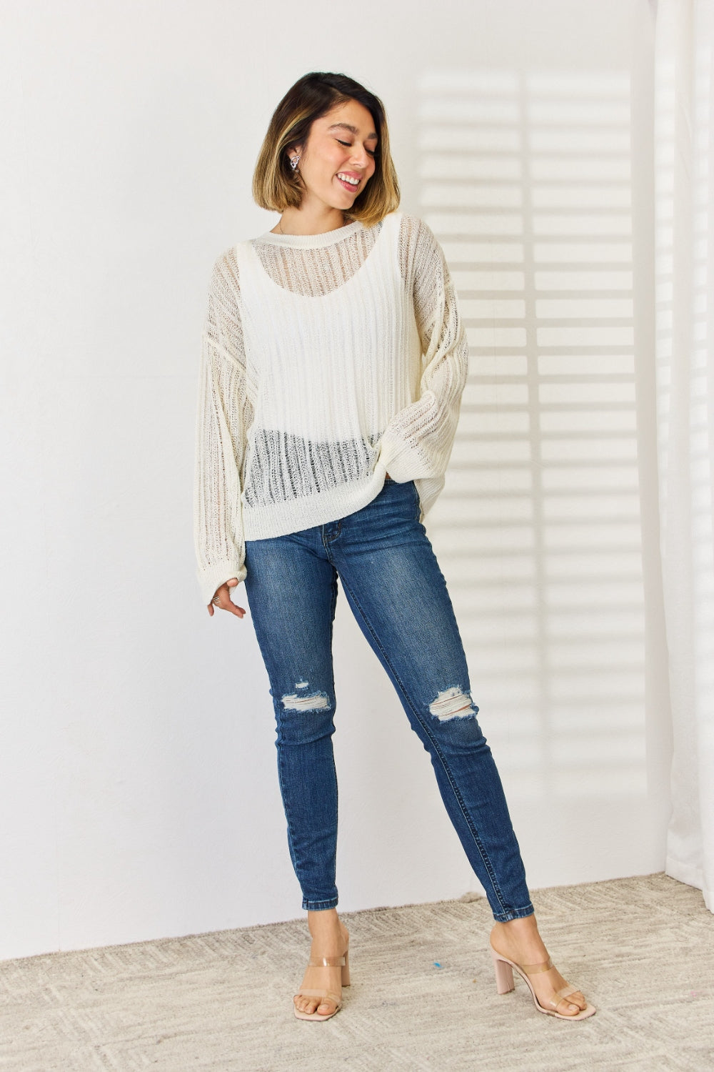 HYFVE Women's Openwork Knit Top with Ribbed Trim - Long Sleeve