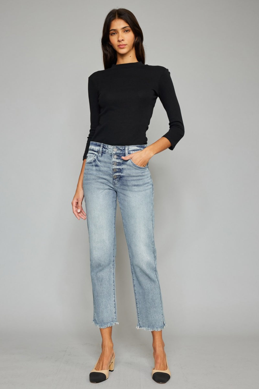 Kancan Women's High Waist Button Fly Jeans - Vintage Raw Hem Cropped Straight
