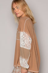 POL Elegant V-Neck Lace Balloon Sleeve Blouse with Exposed Seams