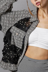 POL Eyelet Flower Pearl Detail Lace Patchwork Shirt featuring intricate lace and pearl embellishments on a model.