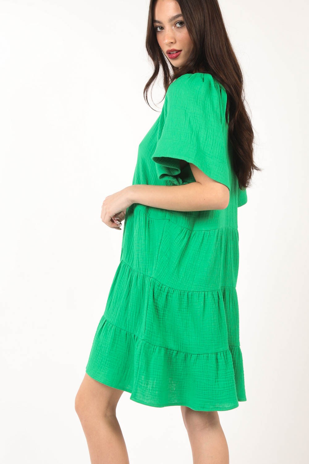 VERY J Textured V-Neck Ruffled Tiered Cotton Dress - Elegant & Feminine