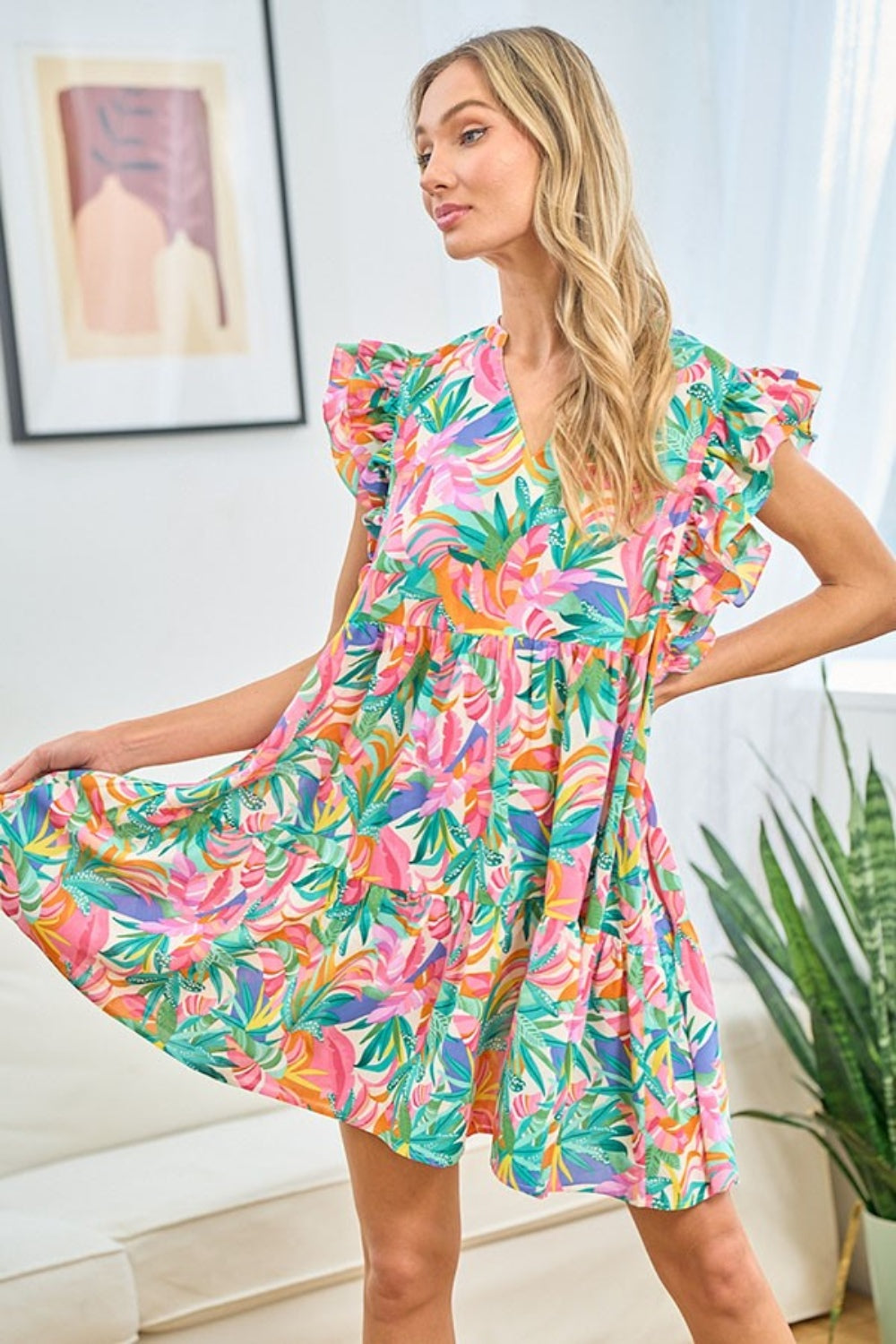 Elegant Ruffled Printed Notched Cap Sleeve Dress - First Love
