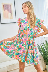 Elegant Ruffled Printed Notched Cap Sleeve Dress - First Love