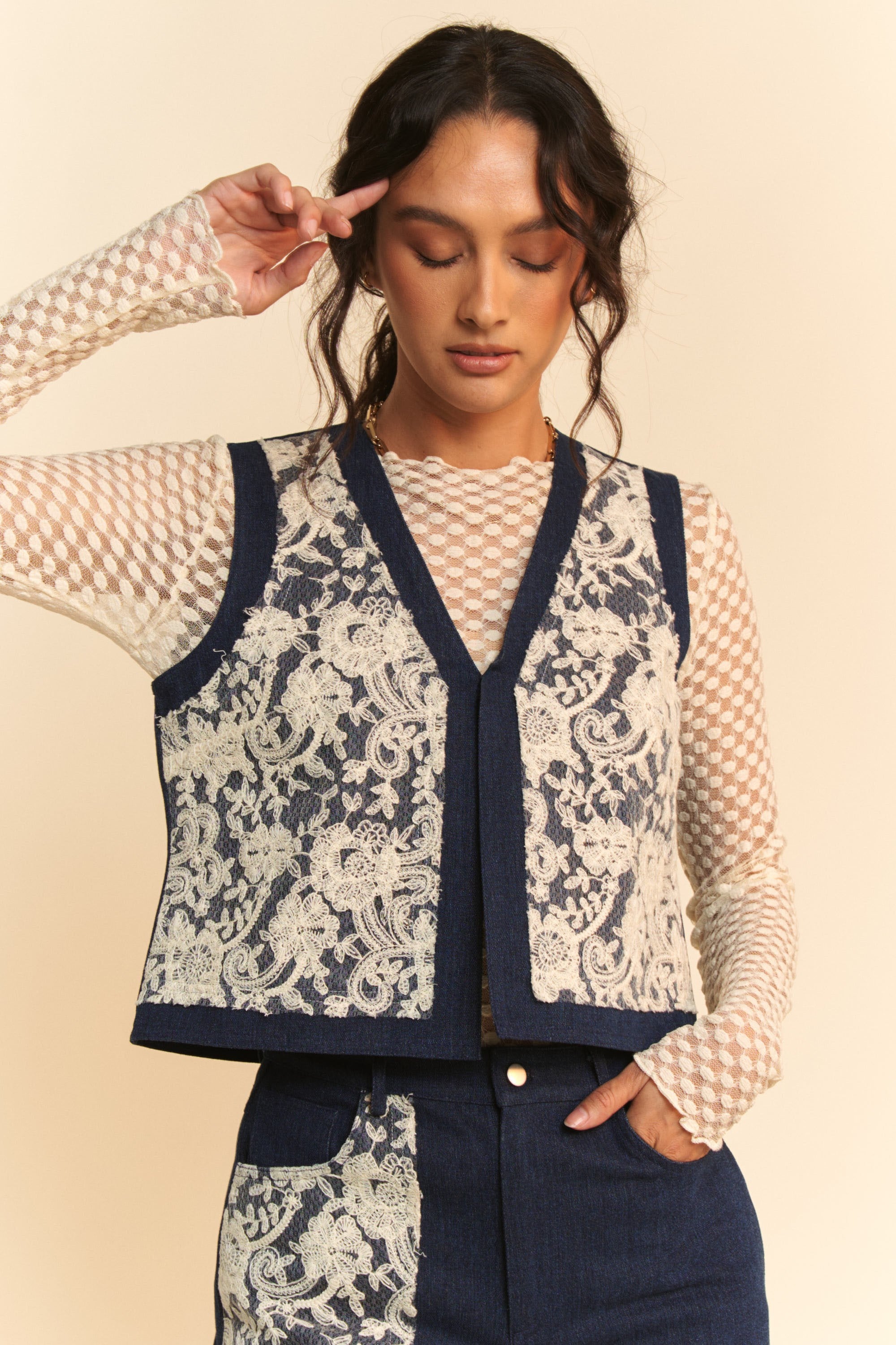 Davi & Dani Lace Patch Open Front Denim Vest - Trendy Layering Apparel