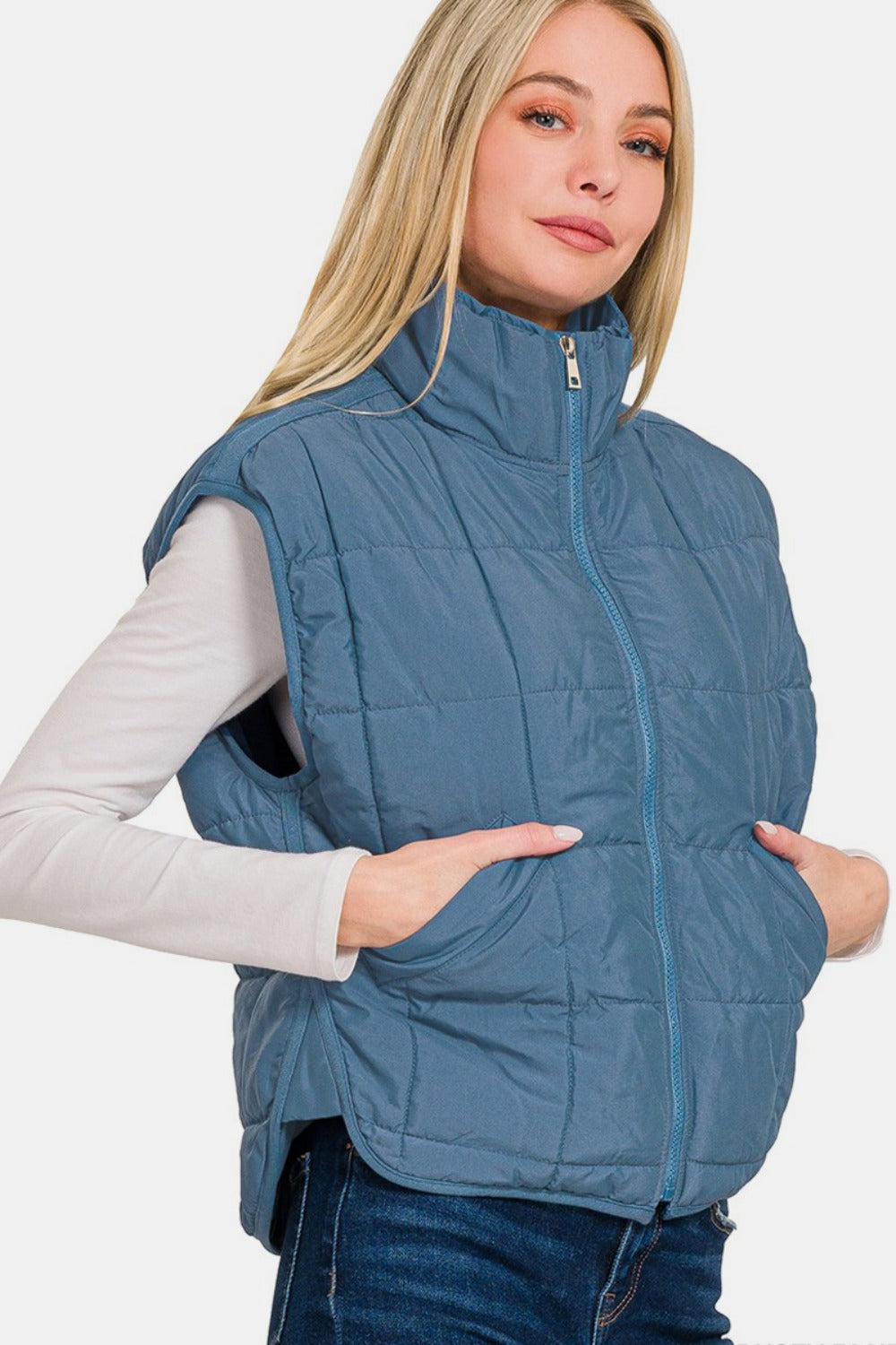 Zenana Women's Cropped Puffer Vest with Zip-Up Closure and Pockets