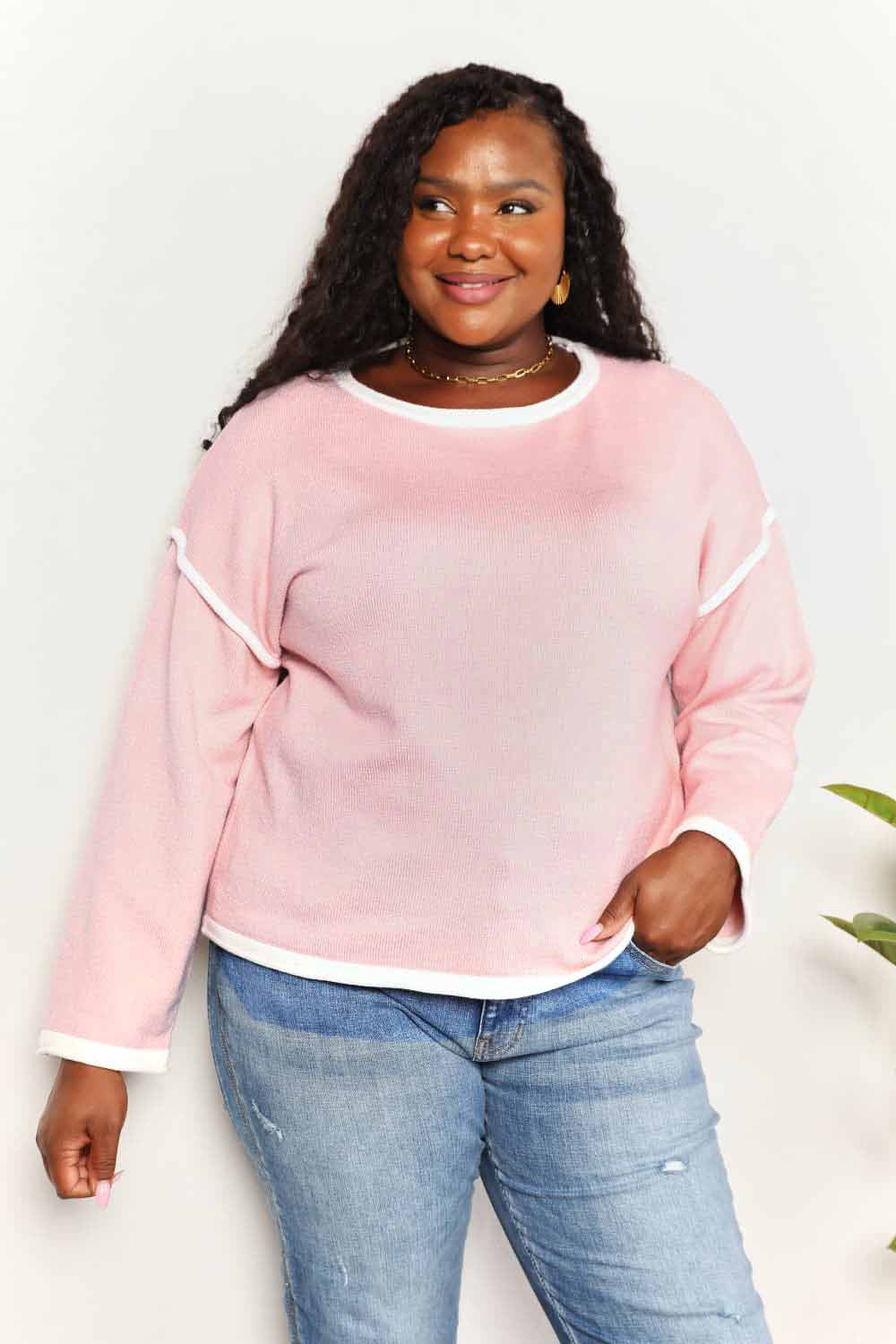 Contrast Detail Dropped Shoulder Knit Top - Elegant Boat Neck Pullover