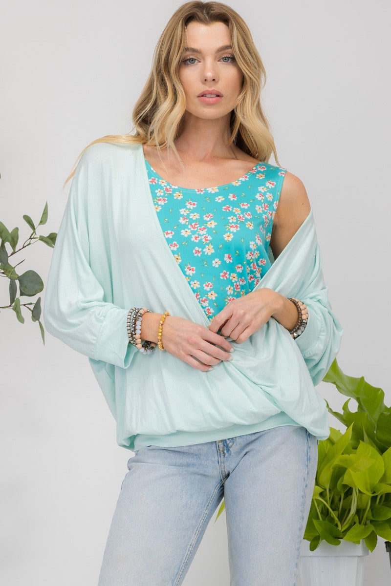 Celeste Women's Floral Round Neck Top with Elegant Two Layer Detail - USA Made