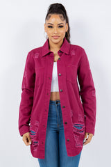 American Bazi Women's Distressed Denim Jacket - Button Up Long Sleeve