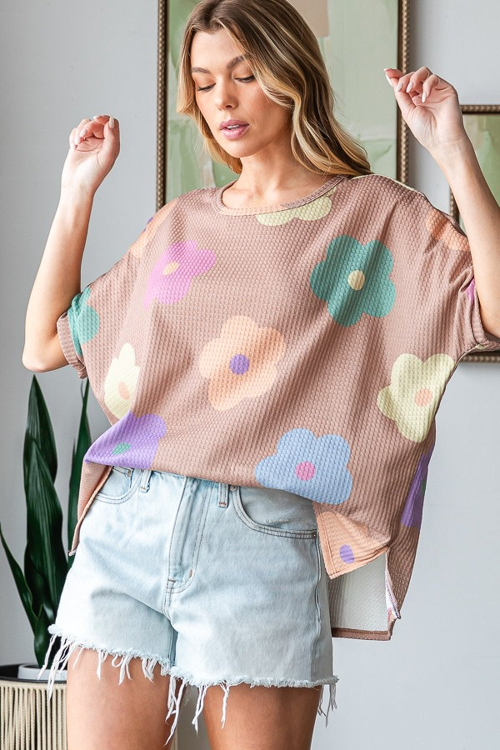 HOPELY Women's Full Size Floral Round Neck Waffle T-Shirt with Side Slits