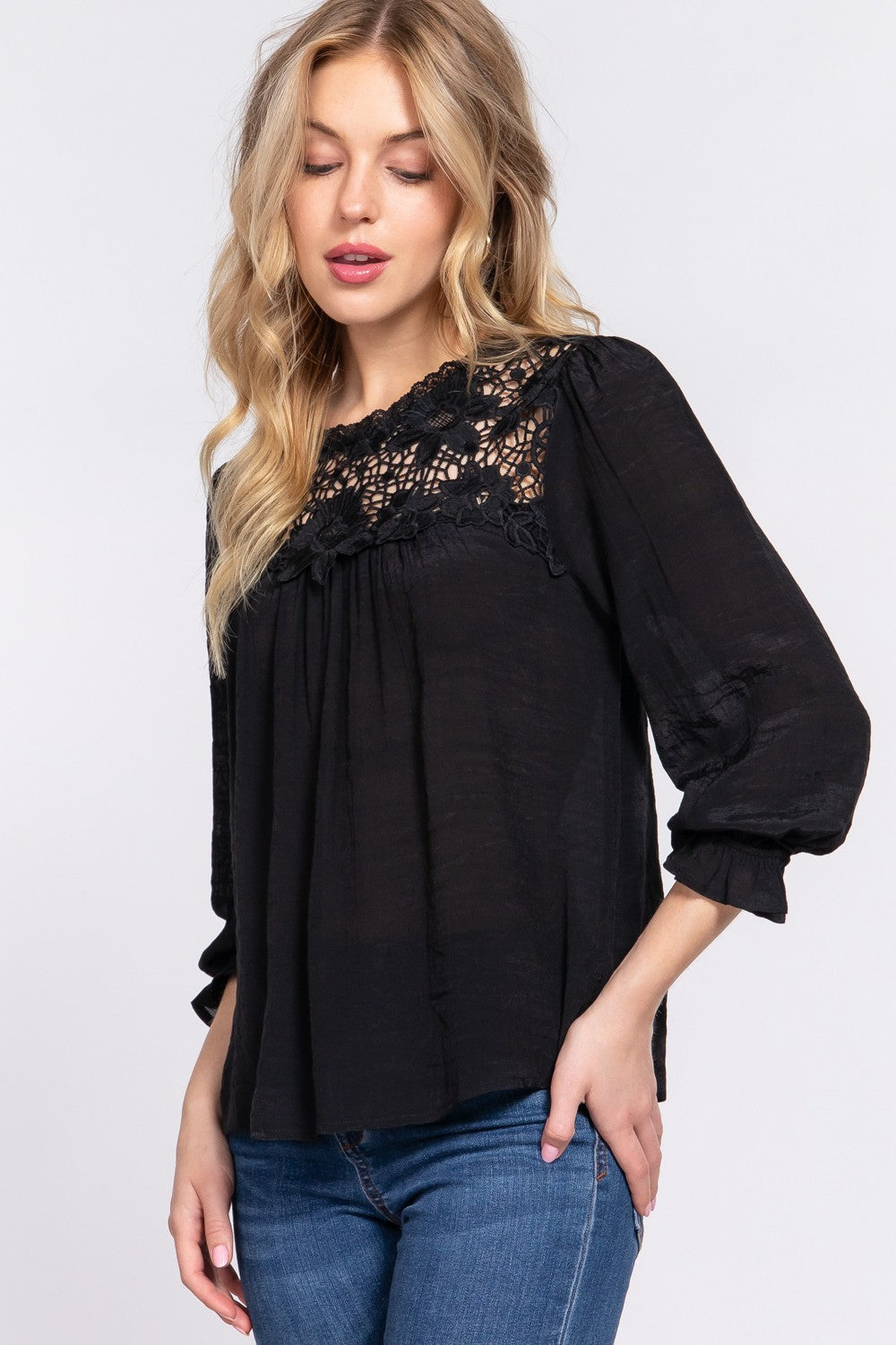 ACTIVE BASIC Women's Crochet Lace Panel Flounce Sleeve Blouse - Elegant & Feminine Top