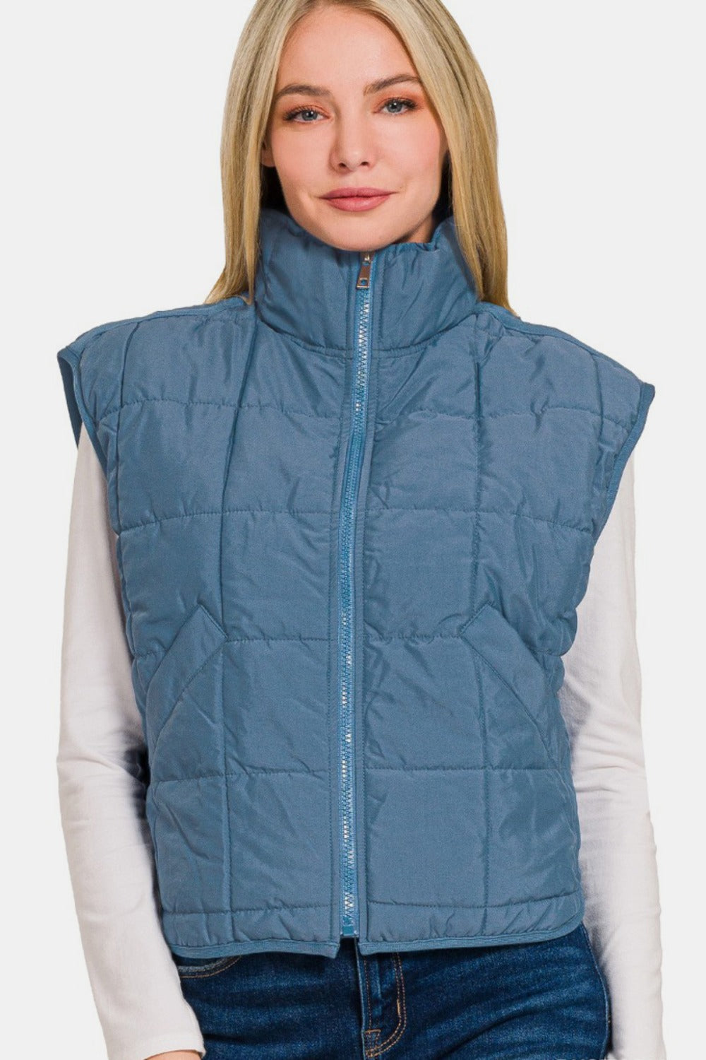 Zenana Women's Cropped Puffer Vest with Zip-Up Closure and Pockets