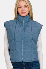 Zenana Women's Cropped Puffer Vest with Zip-Up Closure and Pockets