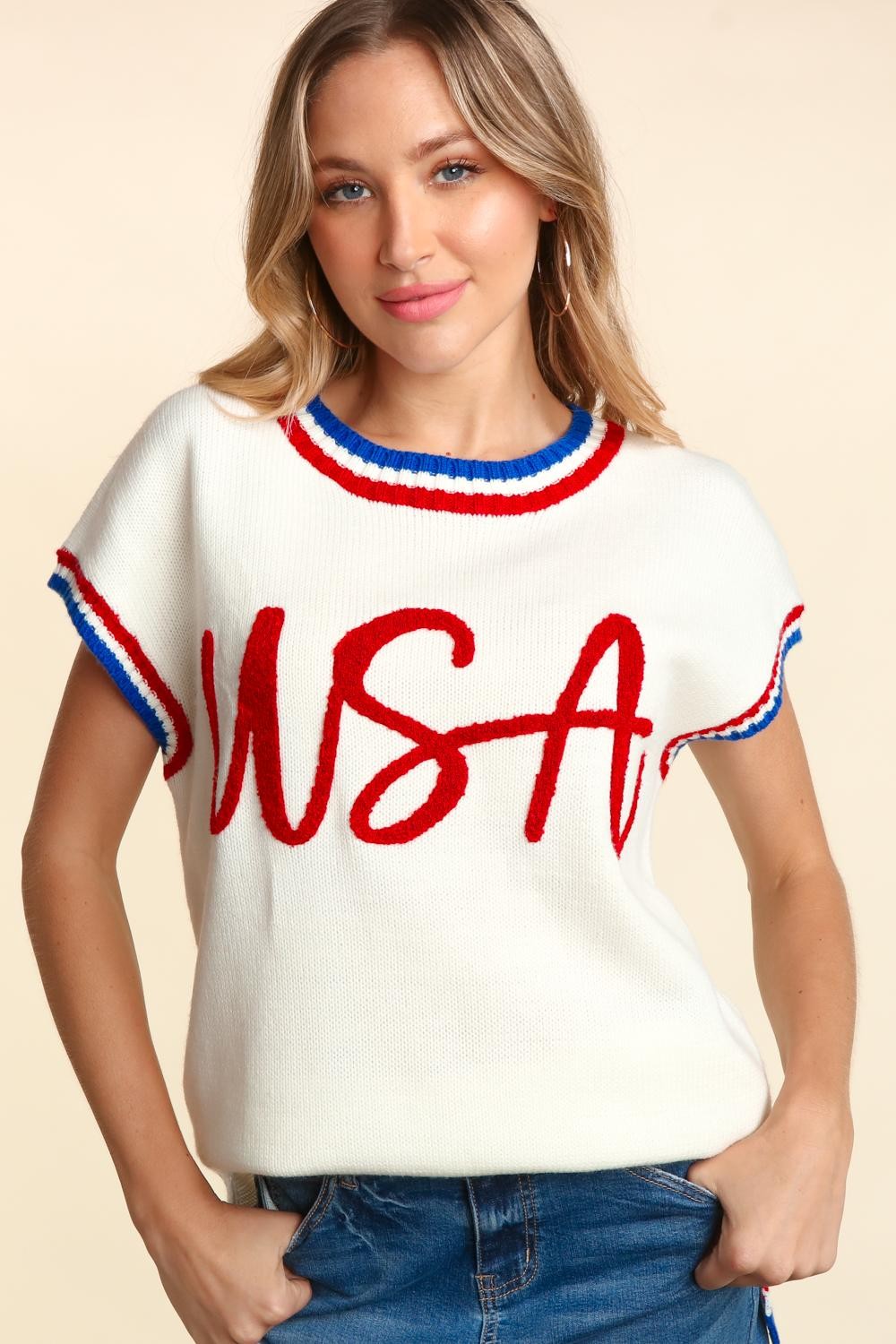 Trendy Letter Embroidery Slit Knit Top for Women - Chic Acrylic Fashion