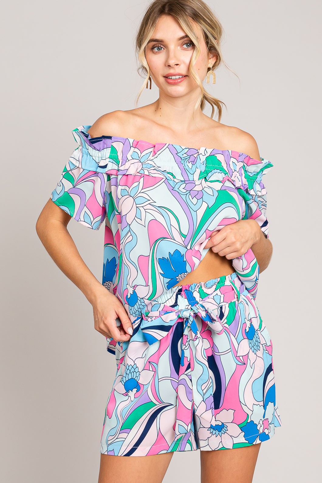 Cotton Bleu Abstract Print Tie Front Shorts with Adjustable Fit and Pockets