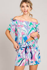 Cotton Bleu Abstract Print Tie Front Shorts with Adjustable Fit and Pockets