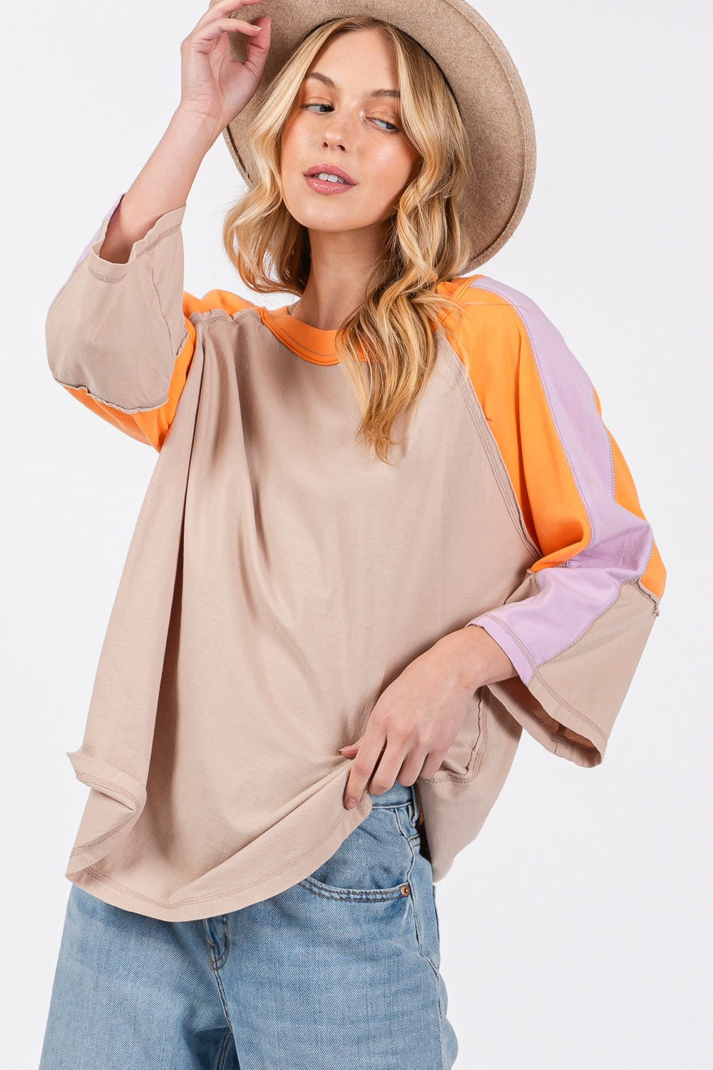 Trendy Color Block Curved Hem Cotton T-Shirt by SAGE + FIG