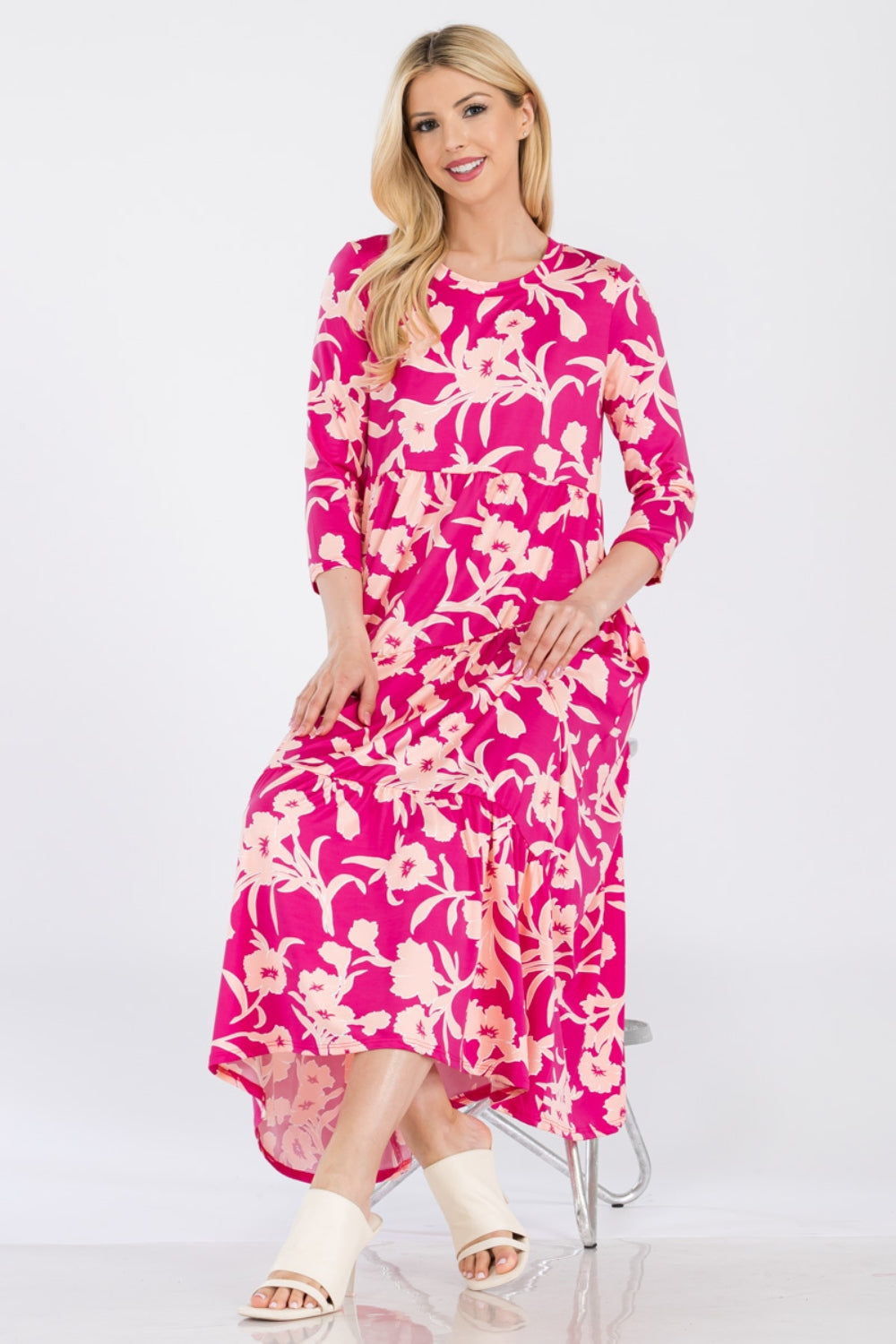 Celeste Full Size Floral Dress with Round Neck and Ruffle Hem – Elegant and Feminine