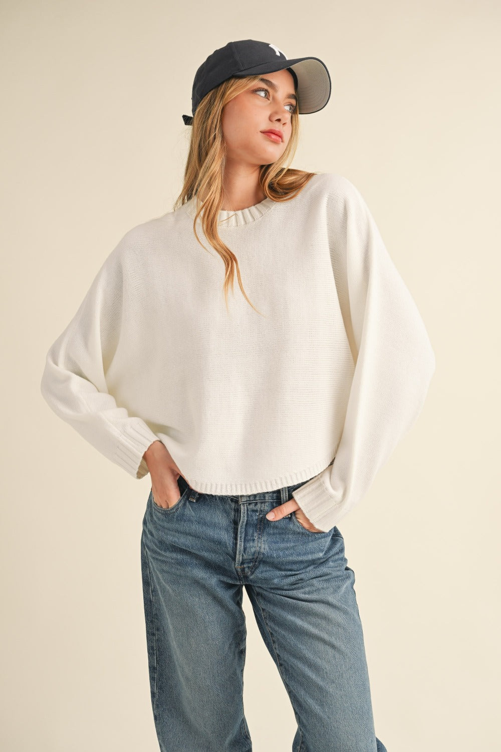 Mable Women's Cropped Sweater with Round Neck and Dolman Sleeves
