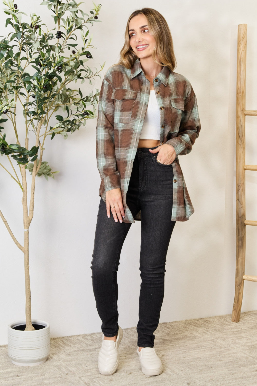 Women's Plaid Dropped Shoulder Shirt - Casual Long Sleeve Blouse
