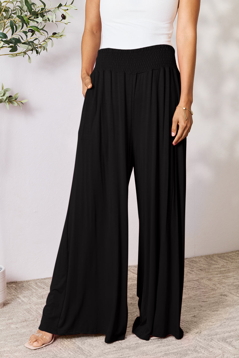 Women's Full Size Smocked High-Waist Wide Leg Pants - Trendy & Comfortable