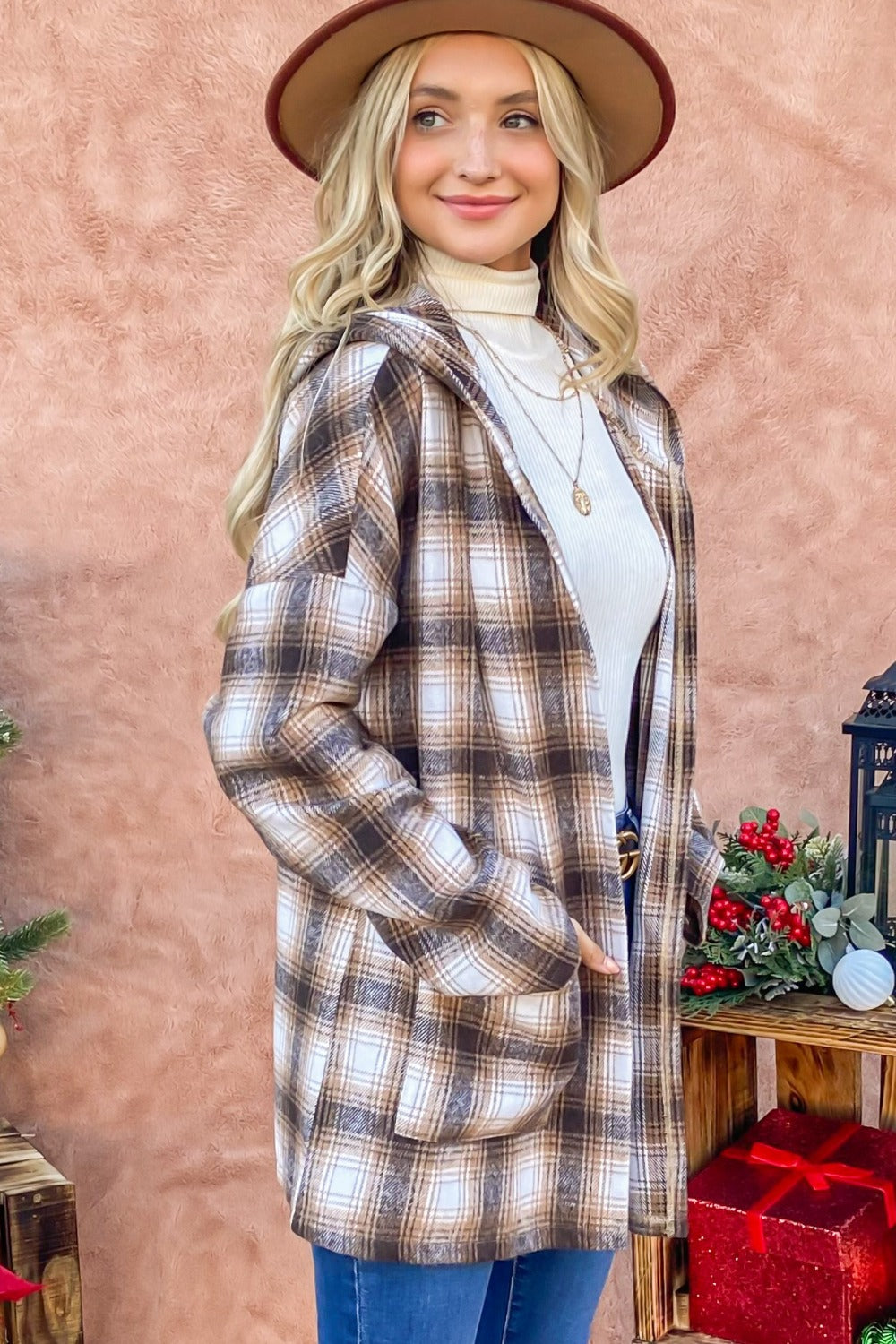And The Why Plaid Hooded Shacket - Stylish Open Front Layer