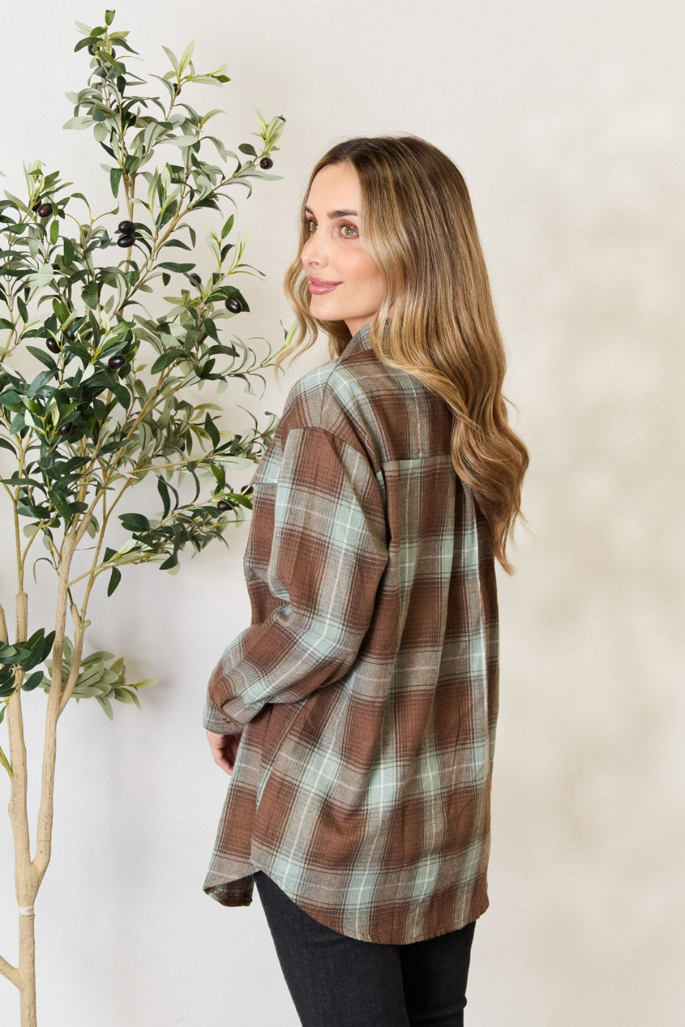 Women's Plaid Dropped Shoulder Shirt - Casual Long Sleeve Blouse