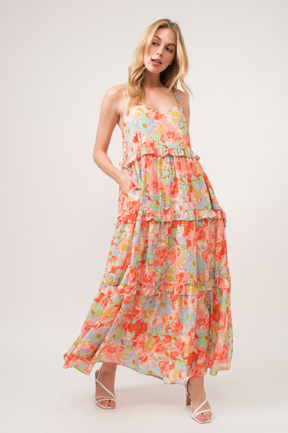 Elegant Floral Ruffled Tiered Maxi Dress with Adjustable Straps