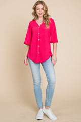 BOMBOM Elegant Texture Button V-Neck Top - Chic & Versatile Style