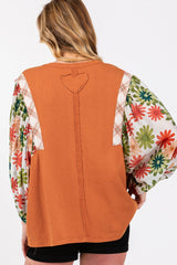 SAGE + FIG Full Size Printed Balloon Sleeve Contrast Top – Stylish Knit with Floral & Plaid Accents