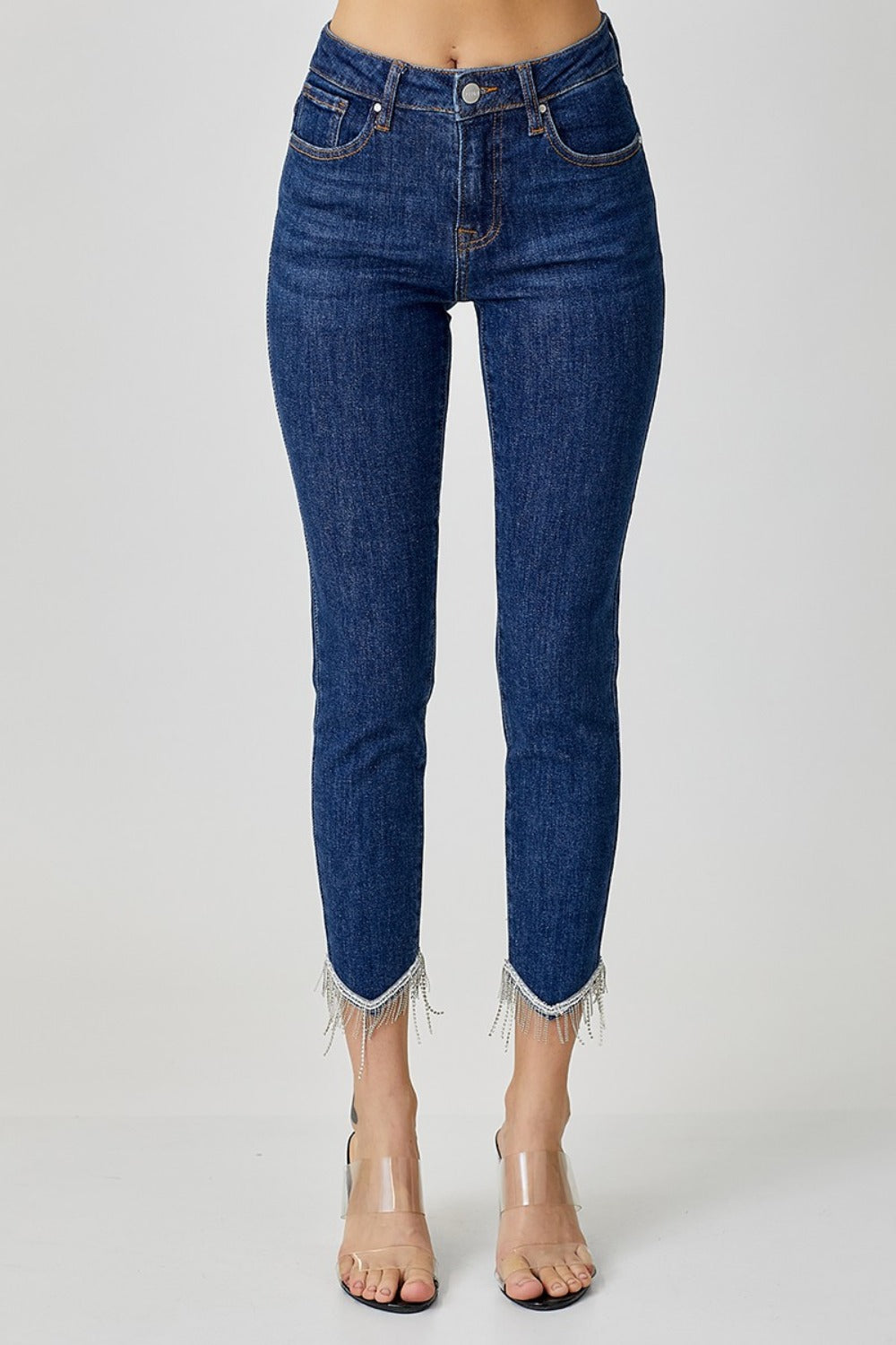RISEN Embellished Mid Rise Crop Skinny Jeans - Trendy & Comfortable Denim