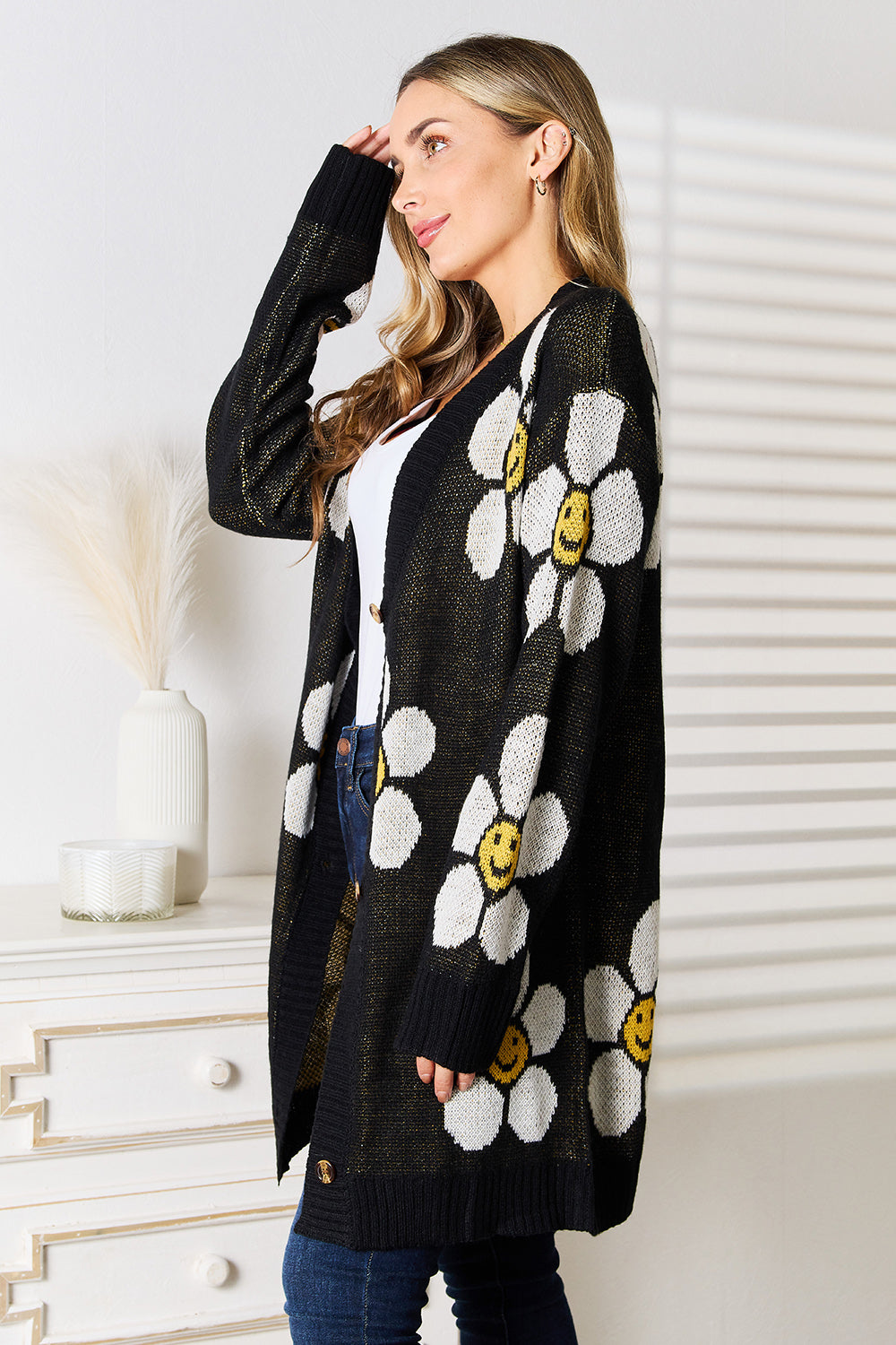 Stylish Floral Button Down Longline Cardigan with Ribbed Design