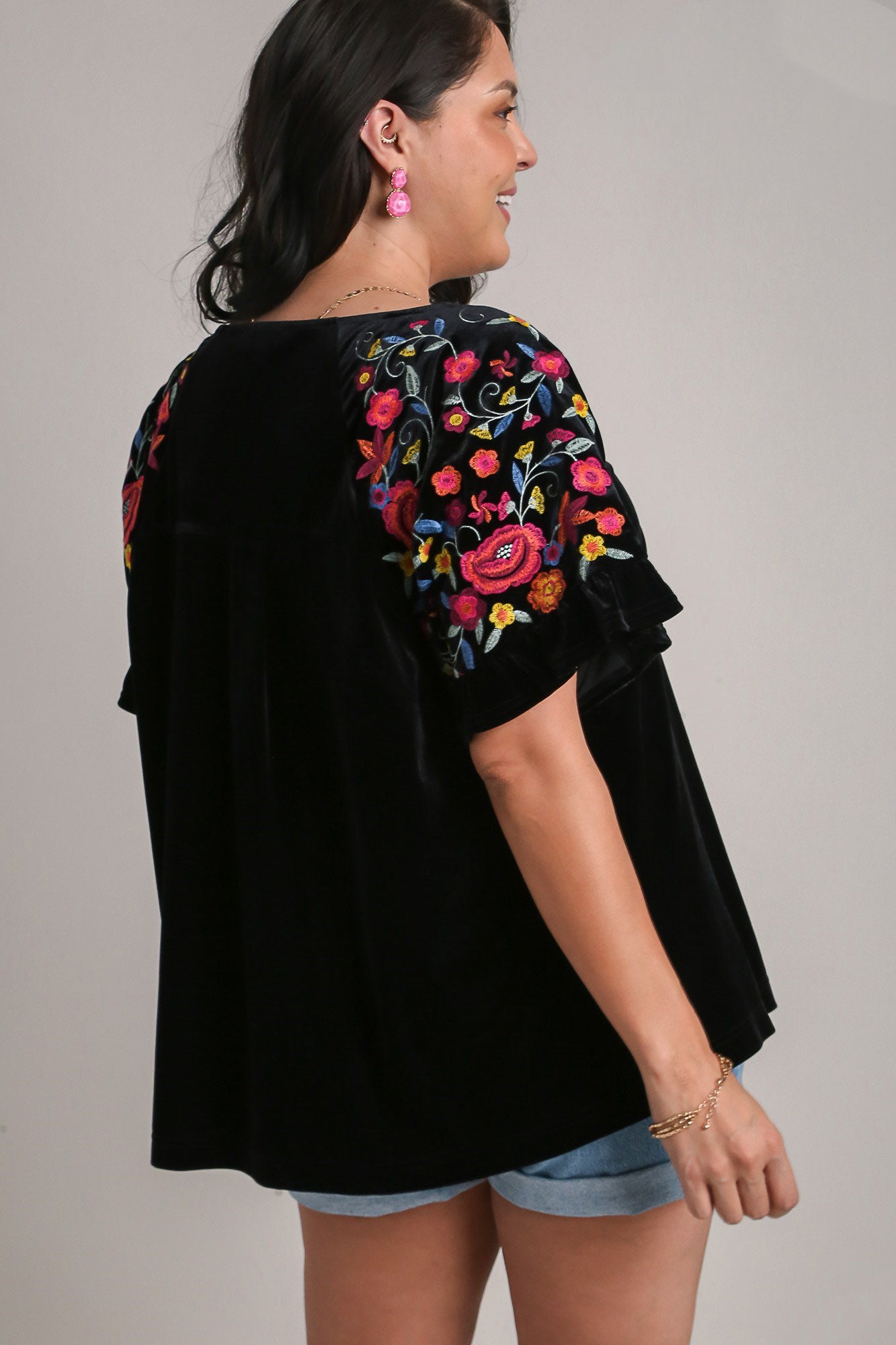 Umgee Full Size Velvet Embroidery Short Sleeve Blouse - Elegant Vintage Style