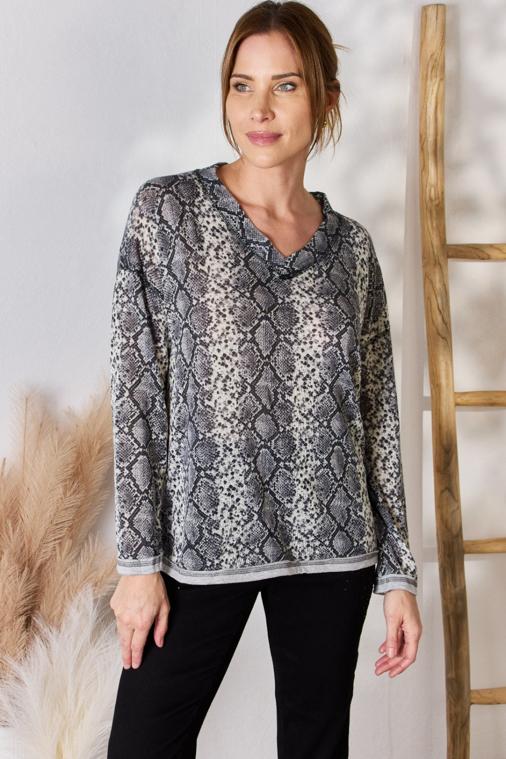 Hailey & Co Full Size Snakeskin V-Neck Long Sleeve Top - Bold & Trendy Women's Fashion