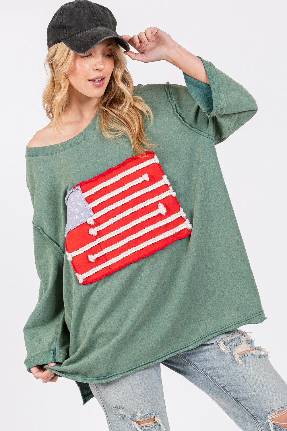SAGE + FIG Patriotic American Flag Patch Cotton T-Shirt - Drop Shoulder Style