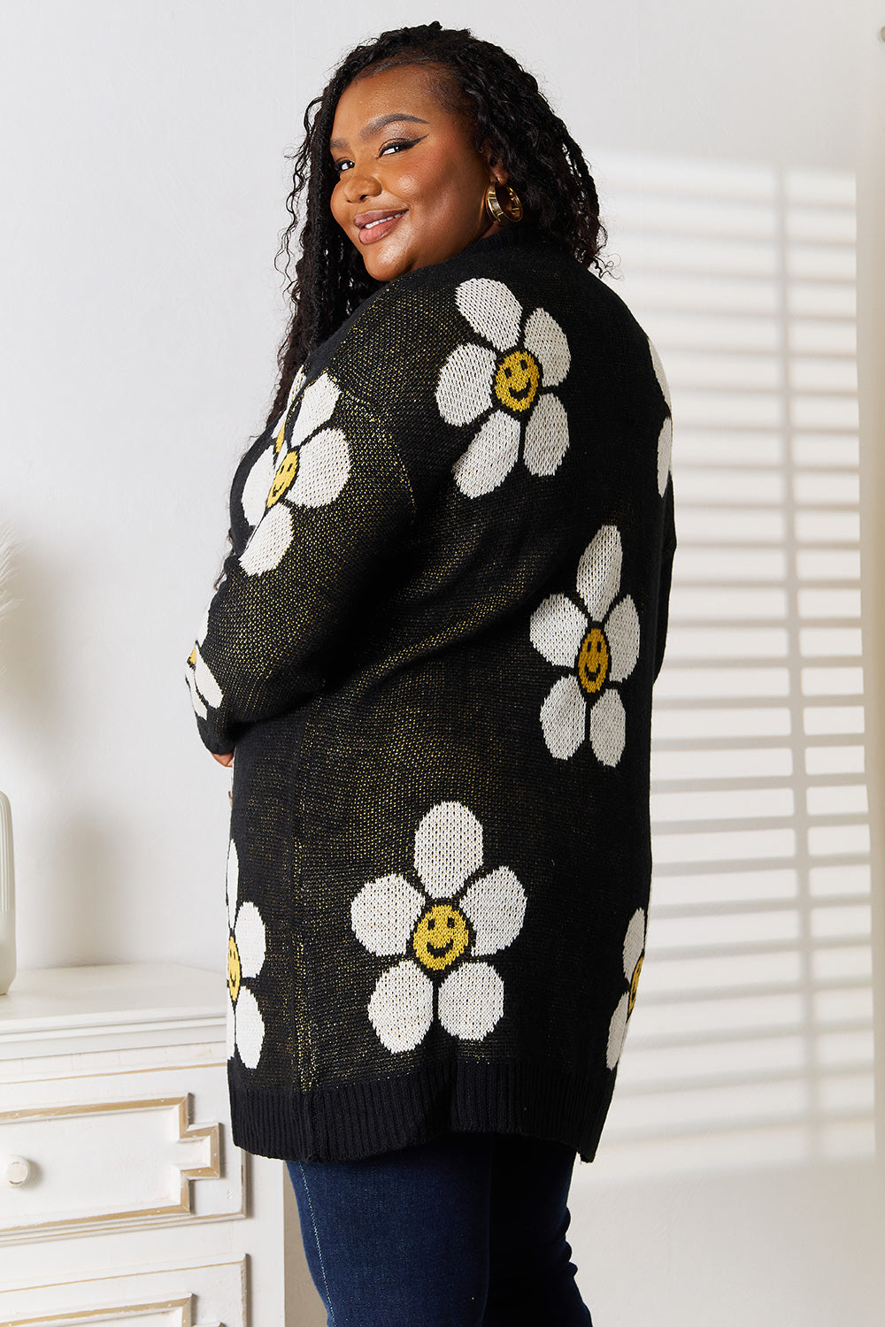 Stylish Floral Button Down Longline Cardigan with Ribbed Design