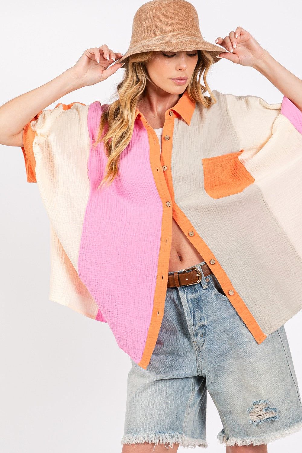 SAGE + FIG Full Size Modern Color Block Cotton Button-Down Shirt