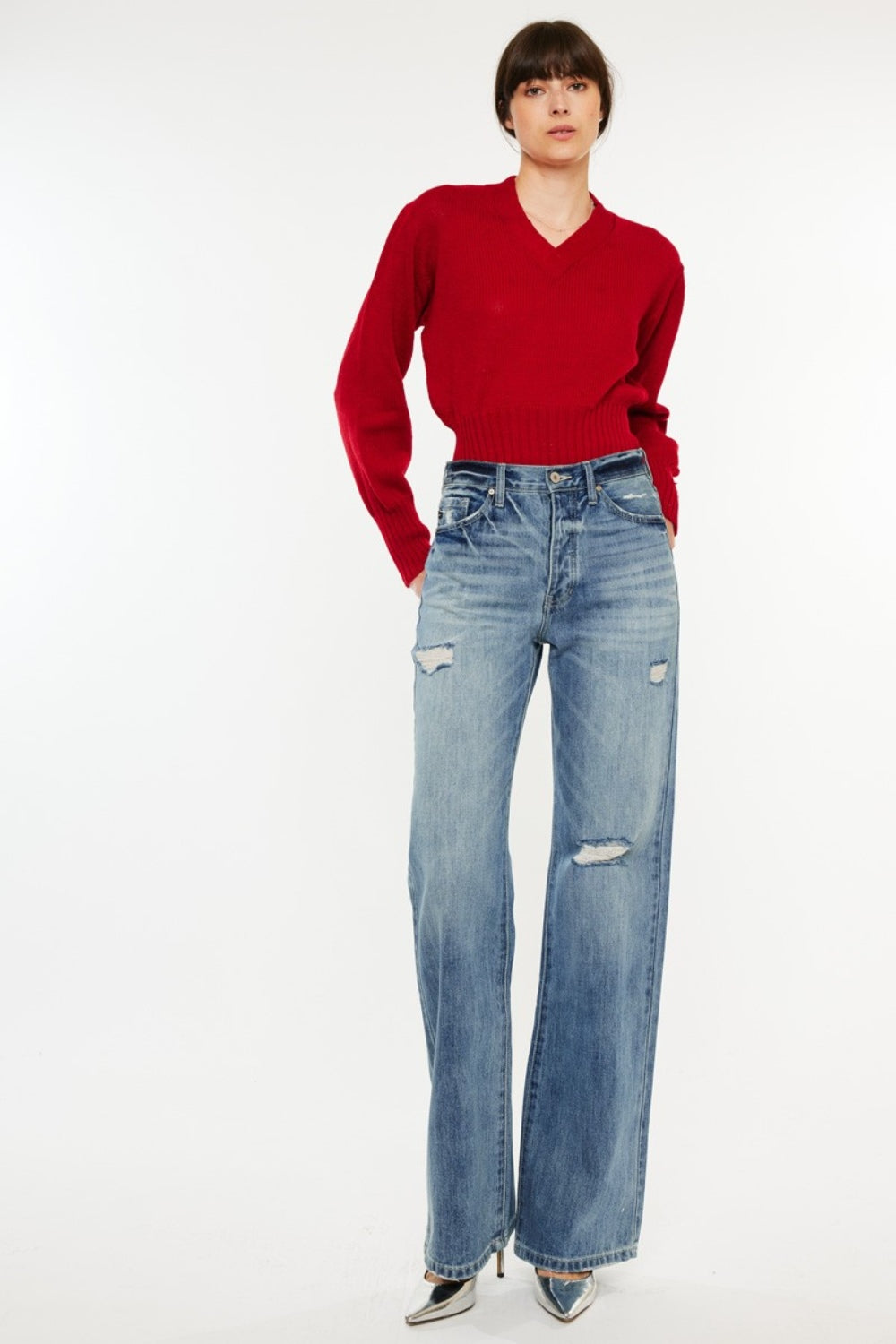 Kancan Women's Distressed High Waist Bootcut Jeans - Retro Chic Fashion for a Flattering Silhouette